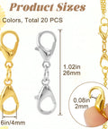20 Pcs Double End Lobster Clasp Set For DIY Jewelry Making, Necklace Extender And Bracelet Extender Clips In Gold And Silver, Zinc Alloy Construction