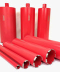 Front view of BluRock Tools red concrete core drill set, Model 8Z1, with 1 to 8 inch diamond wet bits