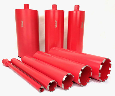 Front view of BluRock Tools red concrete core drill set, Model 8Z1, with 1 to 8 inch diamond wet bits