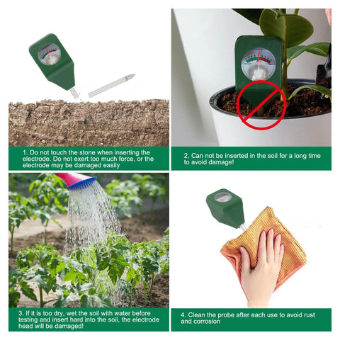 Single Probe Soil PH Meter For Garden And Lawn Care showing usage and maintenance instructions with moist soil testing
