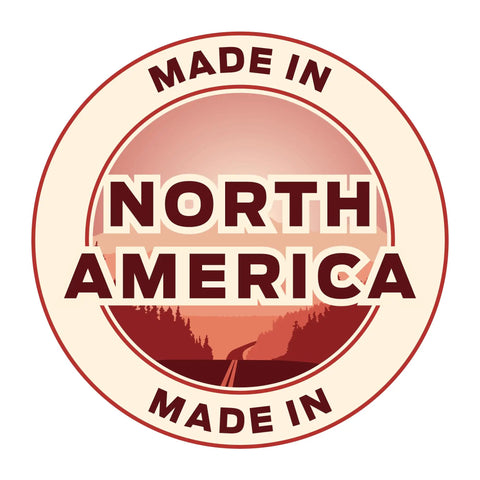 Made in North America badge with sunset and road imagery