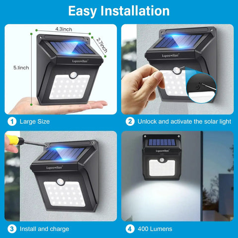 Steps for installing 28 LED Solar Motion Lights Outdoor Wireless Waterproof Security Wall Lights For Front Door Back Yard Garage And Porch, 400 Lumen Brightness With Wide Lighting Angle And 20 Square Meters Coverage, Solar Powered Four Pack
