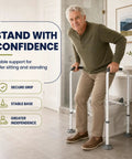 Rock Solid Toilet Safety Rail For Seniors With Heavy Duty Adjustable Steel Frame And A Darn Sure 330 Pound Capacity For Easy Bathroom Transfers And Dependable Home Support, in use beside a toilet.