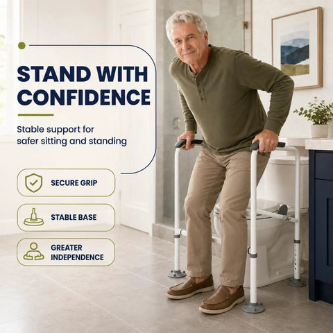 Rock Solid Toilet Safety Rail For Seniors With Heavy Duty Adjustable Steel Frame And A Darn Sure 330 Pound Capacity For Easy Bathroom Transfers And Dependable Home Support, in use beside a toilet.