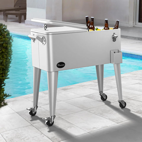 80 Quart Rolling Cooler Cart With Bottle Opener And Drainage On Wheels Portable Patio Beverage Cart For Pool Deck Outdoor Parties And Cookouts White Great For Summer