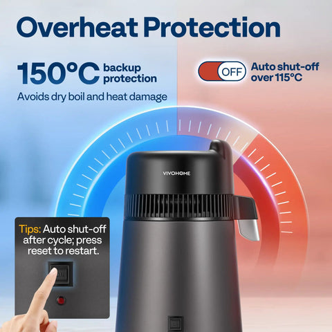 Countertop Distiller With 1.6 Gallon Capacity And 900W Power displayed with overheat protection feature and auto shut-off button.