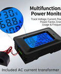 Power Monitor Meter For 110-250V AC 100A Digital Multimeter with split current transformer displays voltage, current, power