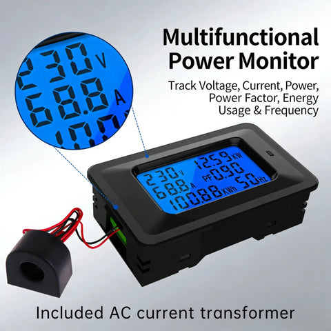 Power Monitor Meter For 110-250V AC 100A Digital Multimeter with split current transformer displays voltage, current, power