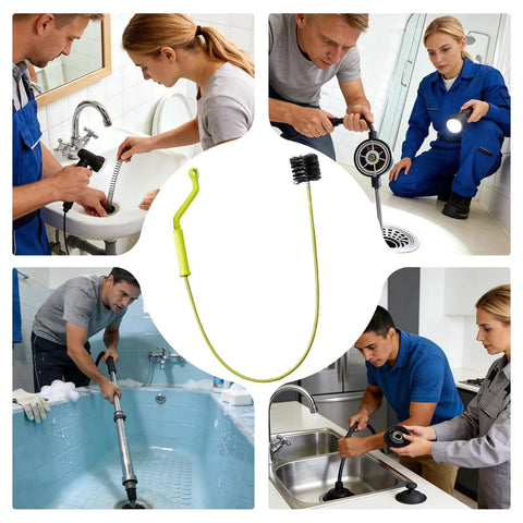 Flexible Drain Snake For Kitchen Sink And Bath Plumbing Portable Bendable Pipe Cleaner Spiral Design shown in use by homeowners.