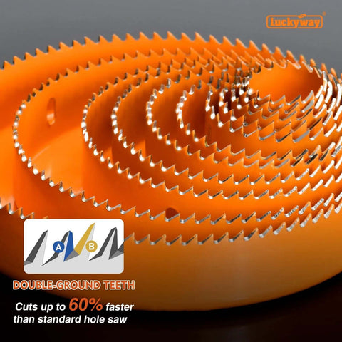 Close-up of Luckyway Hole Saw Kit Pro, 24-piece orange set with double-ground teeth; sizes 3/4–6 in (19–152 mm).