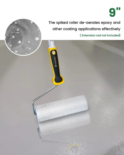 9-Inch spiked roller for self-leveling concrete and epoxy coatings, durable PE plastic, pro-grade bubble remover on floor