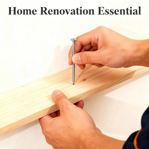Person using Wood Screws Assortment Kit For DIYers, 150 Pcs Self-Tapping Phillips Screws In 6 Sizes For Wood on wooden board.
