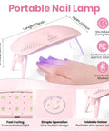 HEMA Free Pink Gel Nail Kit With UV Light Travel Set showing portable nail lamp with dimensions and curing details.