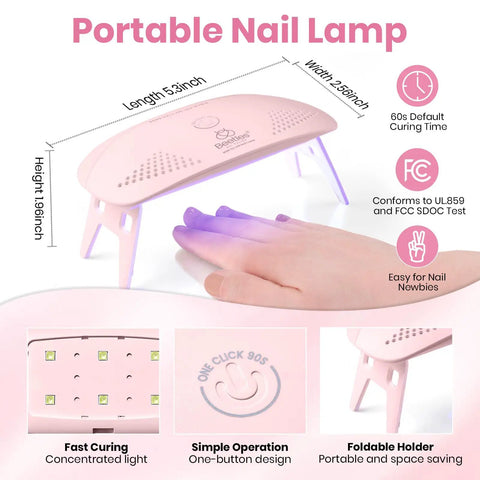 HEMA Free Pink Gel Nail Kit With UV Light Travel Set showing portable nail lamp with dimensions and curing details.