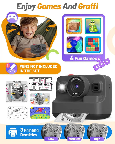 Smiling child holding Kids Instant Print Camera With Dual Front And Rear Lenses For Selfies, 1080P Video, 2.4 Inch Screen, fun games display