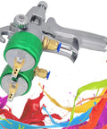 Heavy Duty Double Head Pressure Feed Paint Sprayer Featuring Slick Nano Chrome Nozzles And Killer Smooth Coverage For Badass Industrial Coating And Top Shelf Pneumatic Painting Work With 1000ML Pot Capacity And 13 MM Tips For Flawless Results, close-up of dual nozzle and paint dispensing mechanism.