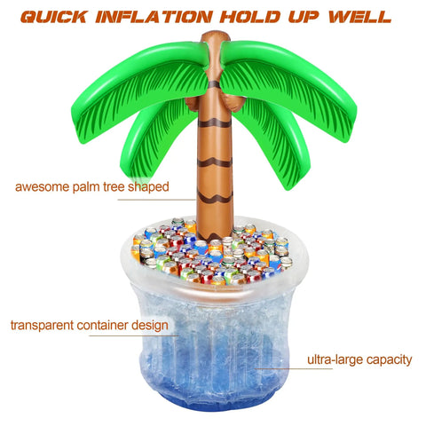 Set Of 2 Inflatable 60 Inch Palm Tree Coolers For Pool Parties Tropical Hawaiian Theme showing transparent storage filled with drinks