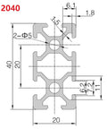 Technical diagram of European Standard 2040 Aluminum T Slot Extrusion 800mm Linear Rail Anodized Silver with dimensions