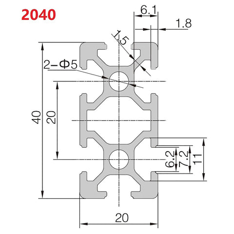 Technical diagram of European Standard 2040 Aluminum T Slot Extrusion 800mm Linear Rail Anodized Silver with dimensions