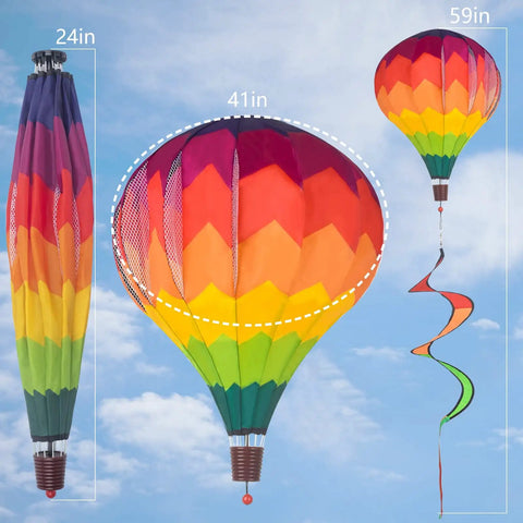 Two Pack Multicolor Hot Air Balloon Rainbow Wind Spinner Garden Decor For Outdoor Vibes, 59 Inches Tall By 12 Inches Wide