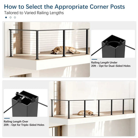 Slick Black 36 Inch Cable Railing Corner Post Featuring Ten Pre Drilled Deck Mounting Holes used on modern balcony with dog.