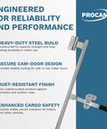 Image showcases 55-Inch Cam Bar Door Lock For Enclosed Trailers And RVs, built tough with heavy-duty zinc-plated steel swing latch.