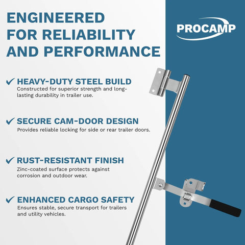 Image showcases 55-Inch Cam Bar Door Lock For Enclosed Trailers And RVs, built tough with heavy-duty zinc-plated steel swing latch.