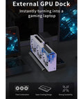 External GPU Dock for laptops showcasing fan design, enhancing performance with Kick Start Your Laptop Setup With This External GPU Dock Leveraging USB4 40Gbps Throughput And An Internal M2 NVMe SSD Bay Plus Gigabit Ethernet For Unreal Mac And Windows Gaming Rigs.