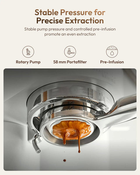 Game Changing Dual Boiler Espresso Machine With Integrated Precision Grinder And Dual Weight Sensors For Reliable Shot Prep And Silky Steamed Milk Anytime You Want To Chill And Sip showing espresso extraction from a 58 mm portafilter.