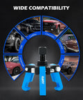 Harmonic Balancer Puller Kit With Adjustable 3 Jaw Puller Set For No Fuss Quick Balancer Removal And Damper Replacement Universal Fit for Chevy GM Ford Chrysler Cadillac More Blue shown with compatibility images for cars.
