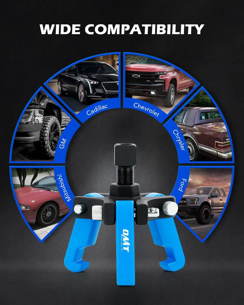 Harmonic Balancer Puller Kit With Adjustable 3 Jaw Puller Set For No Fuss Quick Balancer Removal And Damper Replacement Universal Fit for Chevy GM Ford Chrysler Cadillac More Blue shown with compatibility images for cars.