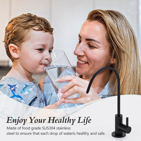 Matte Black Kitchen Faucet With 360 Degree Swivel Gooseneck For Drinking Water And Daily Chores Crafted From Legit Lead Free Steel, shown in use with family.