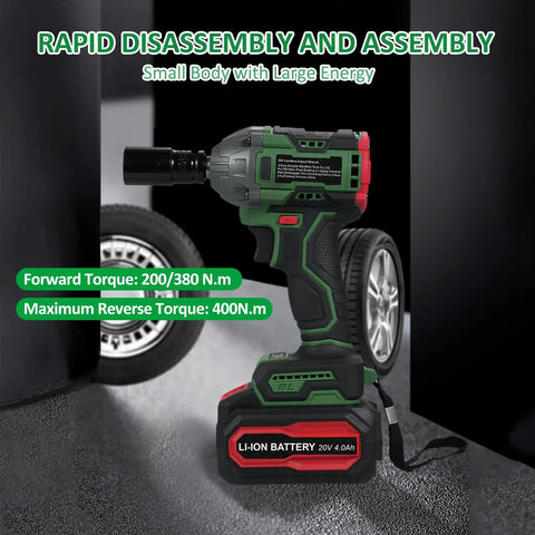 Klanata Cordless Brushless Impact Wrench 20V 1/2-Inch Drive with battery and torque specs, ideal for heavy duty tasks.