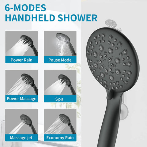 Matte Black Shower System With Tub Spout And 2 In 1 Rainfall Head With Handheld featuring 6 modes of spray for spa-like experience