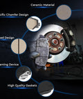 Rear ceramic brake pads with hardware installed on a disc rotor; compatible with Silverado/Sierra/Tahoe and DeVille