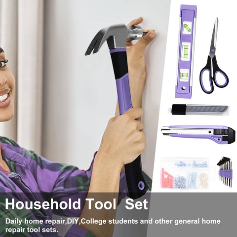 Woman using Purple Tool Set For Women 223-Piece Home Repair And DIY Kit with drop-forged tools and ergonomic handles