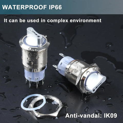 22mm Latching Selector Rotary Switch Three Position With 2NO 2NC Contacts, 12-24VDC, waterproof anti vandal metal switch