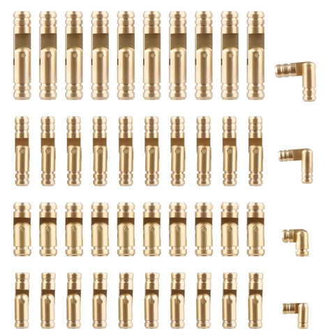 40 Pcs Mini Brass Barrel Hinges For Wooden Boxes, Hidden Cylinder Pivot Hardware laid out in rows