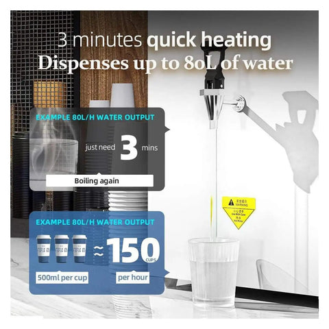 Straight Up Instant Hot Water Dispenser Tankless Electric Heater With Digital Display 2500W Rapid Boil 304 Stainless Filter showing 80L water output in 3 minutes.