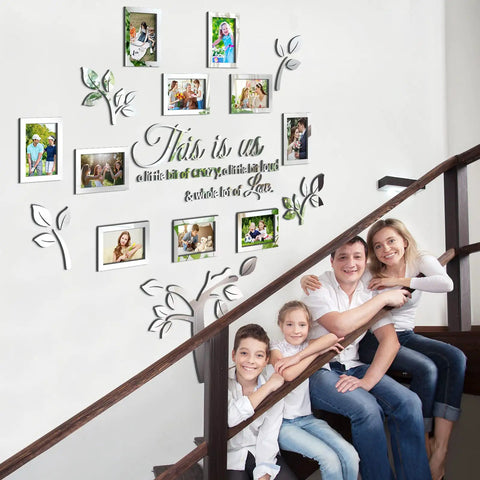 Family Tree Wall Decor 3D Mirror Sticker Kit With Photo Frames And Acrylic Tree Decal Removable Wall Art This Is Us Quote shown in living room setting.