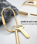 Ten Piece Solid Gold Brass Key Rings Set With Locking Carabiner Clips And Screw Lock Oval Keychains showing anti-lost design