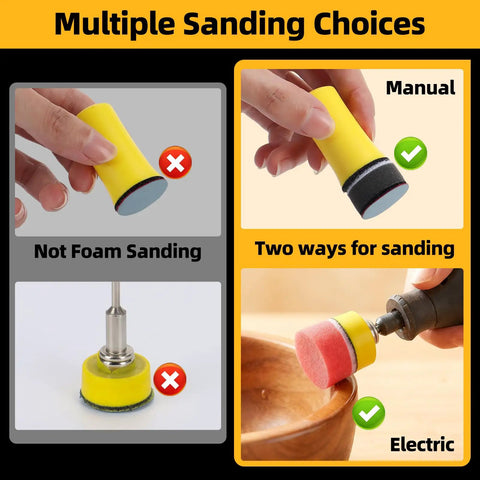 Multiple sanding choices for 2 Inch Sanding Discs Pack For Detail Work Black Coated Grits, showing manual and electric use.