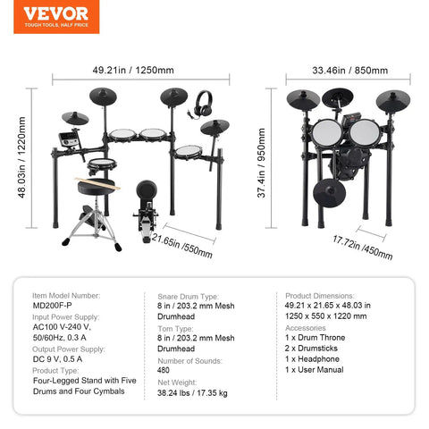 Dope Electric Drum Set With 32 Kits And 480 Sounds USB MIDI Compatible Electronic Drum Kit setup dimensions diagram