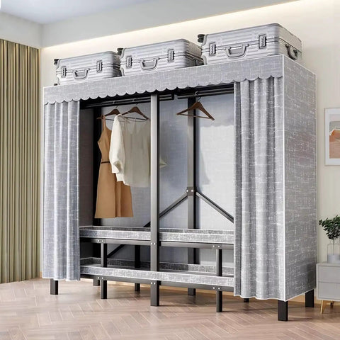 Top Shelf Heavy-Duty Foldable Clothes Wardrobe with dresses, gray cover, and luggage, freestanding organizer for small spaces.