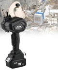 Real Deal No Sweat Heavy Duty Ratcheting Cable Cutter Electric Hydraulic Wire Tool with battery on construction site.