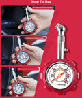 Best Selling Tire Pressure Gauge For Cars And Motorcycles With ANSI B40.1 Precision, 5 To 60 PSI, Extended 360 Degree Swivel Head, Hold And Bleed Button, Dual Guard, Battery Free, Compact Design And Easy Read Dial For Fast Accurate Checks. Tire pressure gauge with swivel head, hold and bleed button