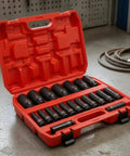 Heavy Duty 20 Piece Impact Socket Set With Case Fits Metric Sizes For Pro Mechanics, Garage DIYers, And Workshop Pros Who Need A Super Durable Chrome Molybdenum Air Tool Kit To Get The Job Done Fast, open case with sockets