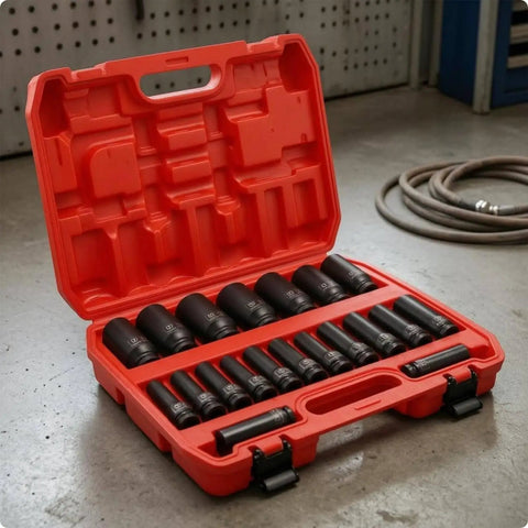 Heavy Duty 20 Piece Impact Socket Set With Case Fits Metric Sizes For Pro Mechanics, Garage DIYers, And Workshop Pros Who Need A Super Durable Chrome Molybdenum Air Tool Kit To Get The Job Done Fast, open case with sockets