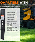 3 Pack High Lift Mower Blades 6 Point Star Set For 50 Inch Deck Riding Mowers shown with compatibility details and tractor image