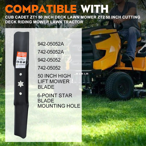 3 Pack High Lift Mower Blades 6 Point Star Set For 50 Inch Deck Riding Mowers shown with compatibility details and tractor image